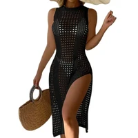 2024 Women Swimsuits Cover Ups Crochet Bathing Suit Hollow Out Bikini Coverup Beach Swimwear Sleeveless Side Split Beach Dresses