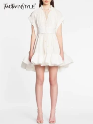 TWOTWINSTYLE Summer Solid Pleated Dresses For Women Round Neck Cloak Sleeves High Waist Spliced A Line Mini Dress Female Fashion