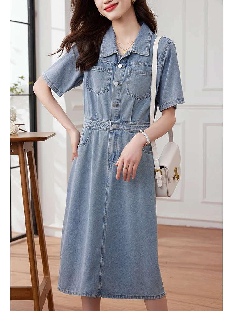 

Fashion Versatile Summer New 2023 Simple Slim Waist Korean Commuting European Temperament Retro Lapel A Line Denim Dress Z450
