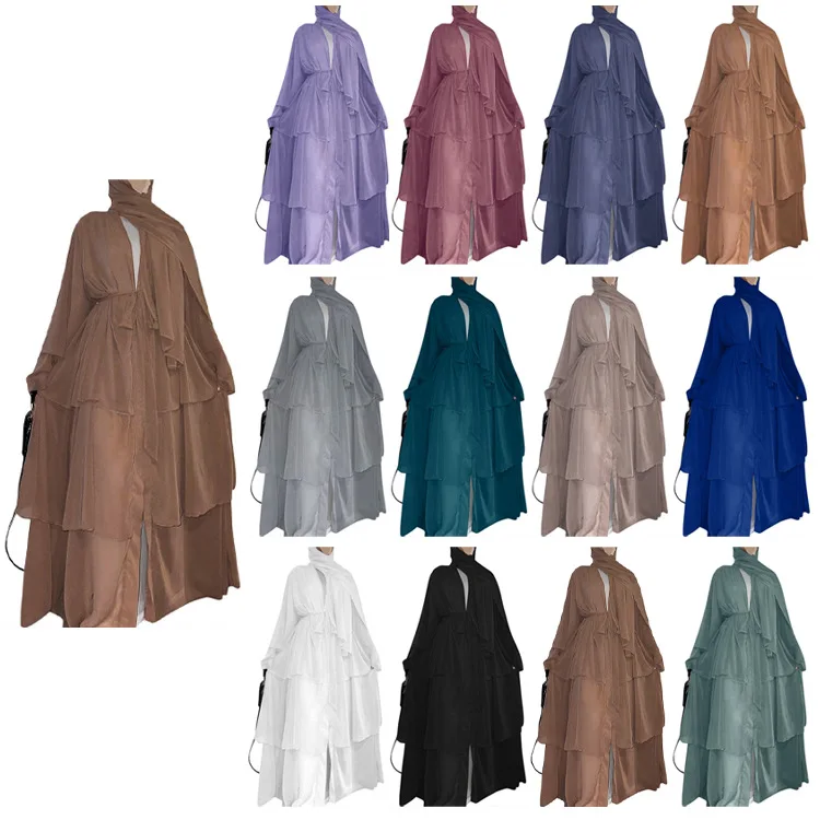 Fashionable Patchwork Muslim Dress Elegant Three-layer Chiffon Open-front Abaya Dresses Kaftan Vestidos Arabes Dubai Y Turcos