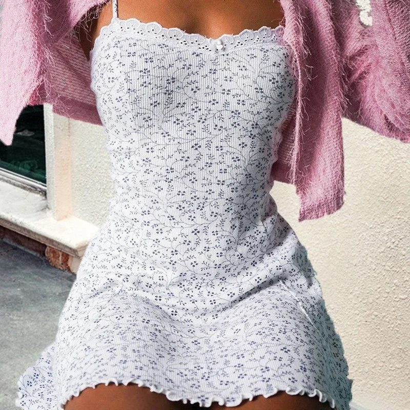 

Women's 2023 Fashion Sexy Cottagecore Halter Lotus Leaf Lace Small Floral Suspender Dress Short Skirt Birthday Dress for Women
