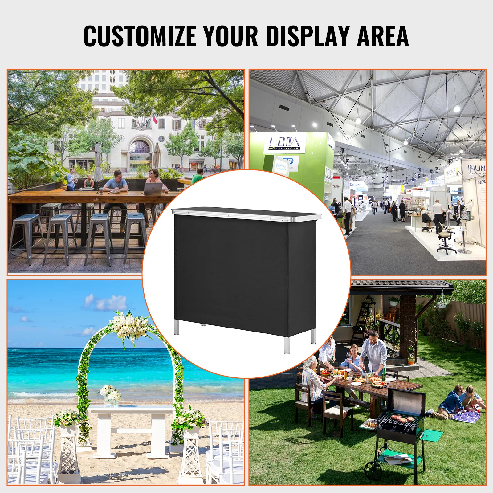 VEVOR Folding Portable Bar Table Tradeshow Podium Table for Party Picnic Exhibition Includes Carrying Case Storage Shelf & Skirt 6