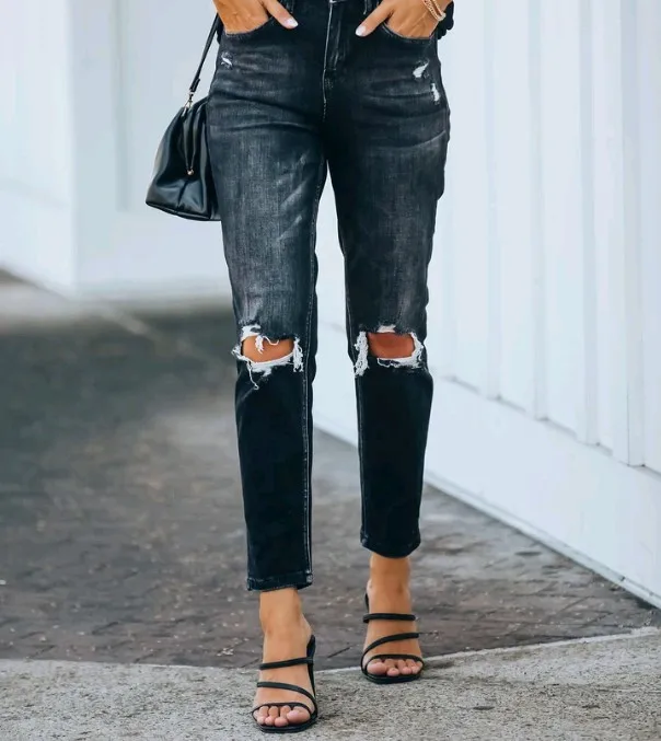 2022 New High Waist Elastic Ripped Fashion Denim Trousers Ladies Jeans Women's Clothing цена и фото