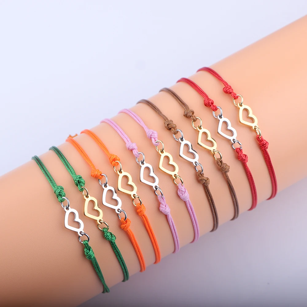 스테인리스 스틸 할로우 러브 하트 참 왁스 스레드 브레이드 수제 팔찌, 조절 가능한 슬라이더 팔찌 선물, 묶음당 5 개 