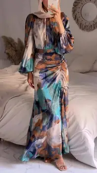New Spring Fashion Multicolored Printing Pleated Waist-lifting Long-sleeved Elegant Women Dress Holidays Party Long Dresses