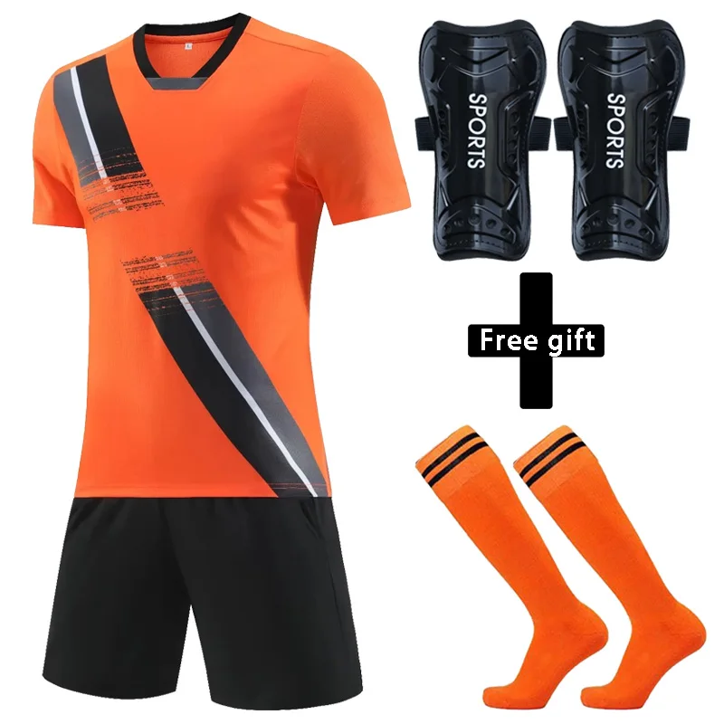Men Boys Football Jersey Tracksuit Child Soccer Sports Uniforms Kids Play Ball Sportswear Kits vest Free Soccer Shin Pads SOCKS