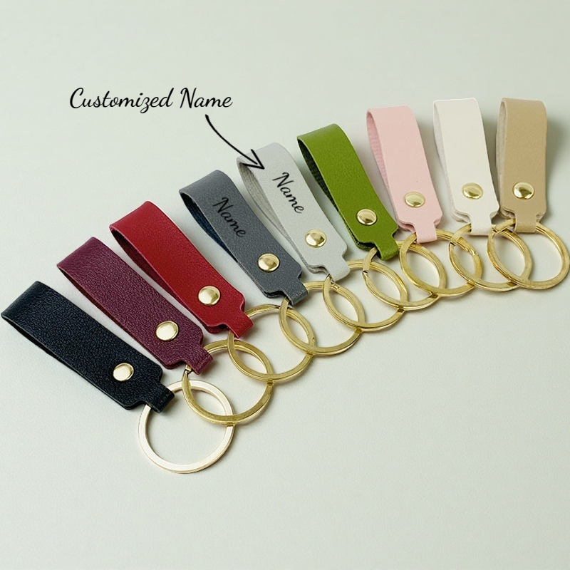 Creative Short Leather Keychain Simple Solid Color PU Customized Name Logo Text Keyring Car Moto Pendant Key Chain Ring Gift