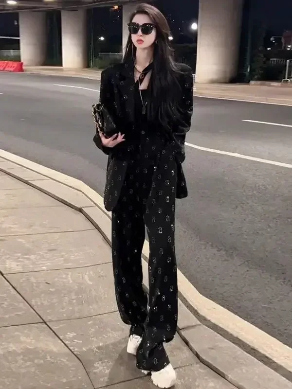 New Early Spring New Style, Light Luxury and High Quality, Heavy Industry Letter Hot Diamond Top, Suit Coat, Pants, Slimming Set