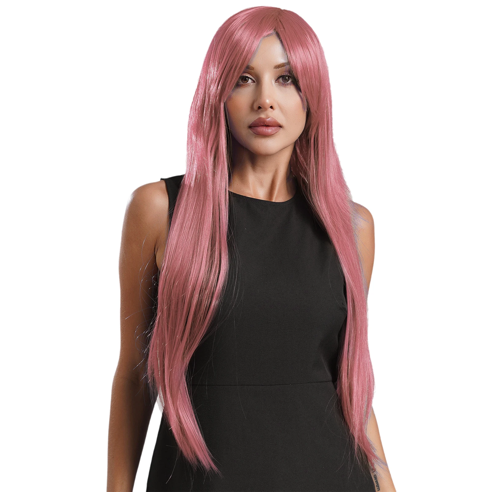 Peluca de pelo humano largo y liso para fiesta de Cosplay de mujer, peluca de pelo sintético con flequillo para fiesta de Halloween, cómic Con escenario