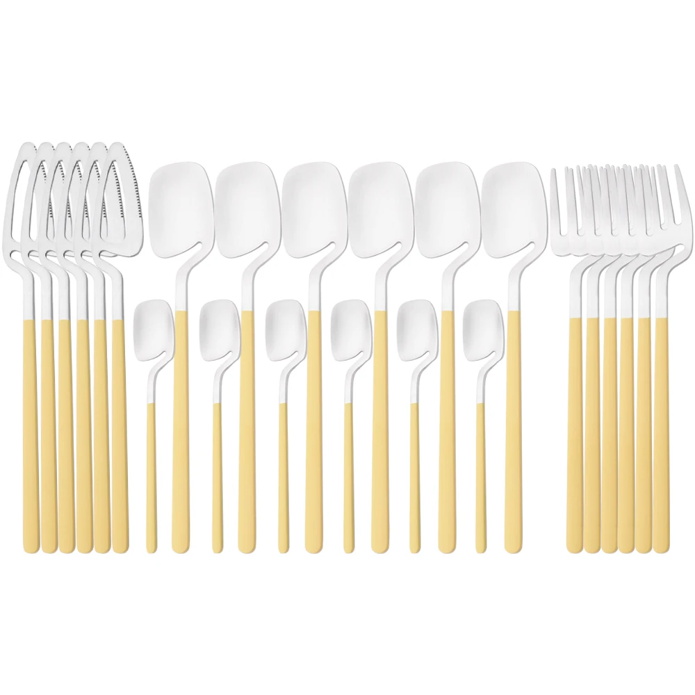 

24pcs Vintage Cutlery Yellow Silver Knife Fork Tea Spoon Dinnerware Set Stainless Steel Tableware Set Western Kitchen Flatware