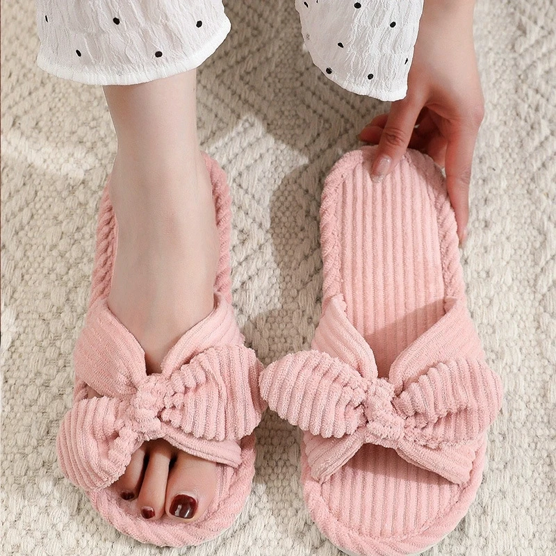 Sweet Bowknot Corduroy Women's Home Slippers Flat Heel Living Room Shoes Women Autumn Winter 2025 Open Toe Indoor Slippers Woman