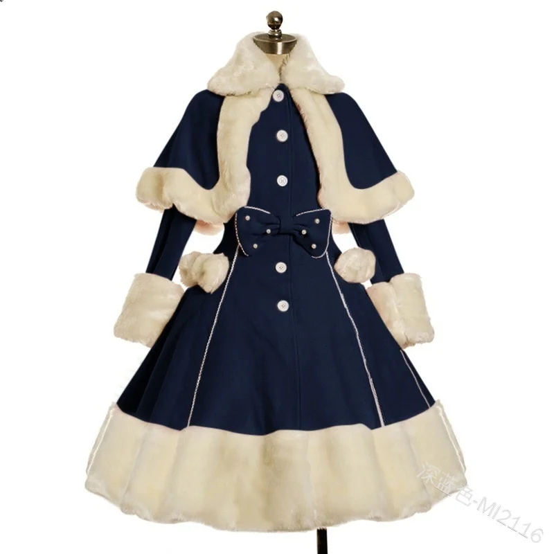 New Women Dress Lolita Dress Girl Skirt Winter burr Lapel Cape Waist Closing Thickened Princess Vintage Lolita