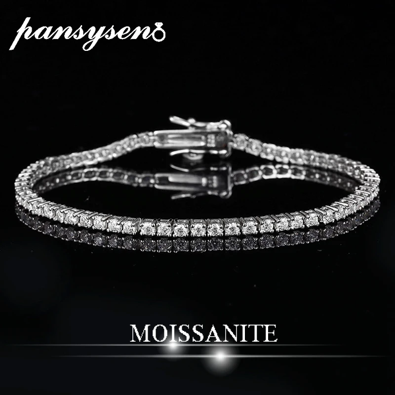 

PANSYSEN D VVS1 2MM Moissanite Tennis Bracelet Solid 925 Sterling Silver Plated 18k White Gold with GRA Bracelets for Women Man