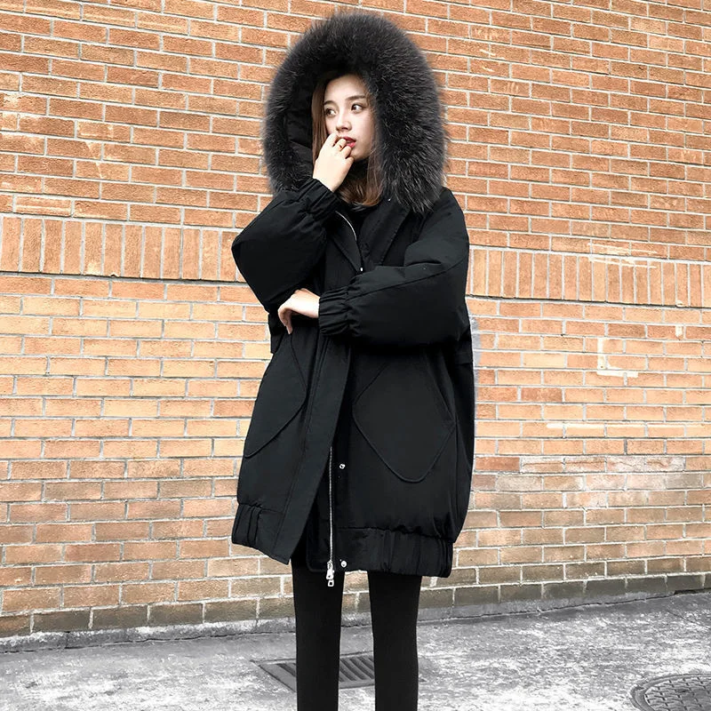 2023 New Autumn Winter Black Down Cotton Clothes for Women Clothing Mid Length Loose Slimming Oversized Cotton Jacket Thickened