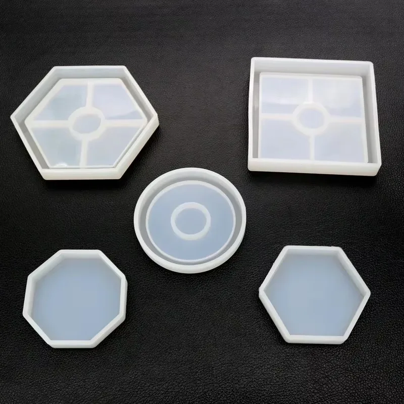 New 5Pcs Handmade Mirror Silicone Coaster Molds Hexagonal Square Base Mold Kit Resin Key Zone Square Epoxy Casting Molds