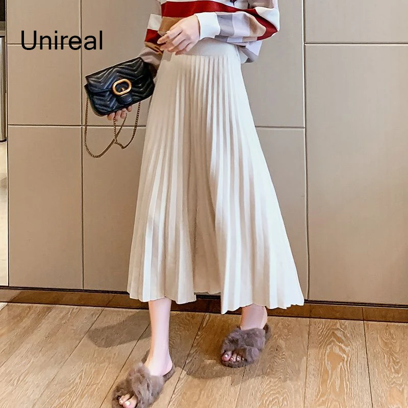

Unireal 2022 Spring Summer Elegant Women Pleated Skirt High Waist Solid Sweet Kniitted Midi Skirt Bottoms
