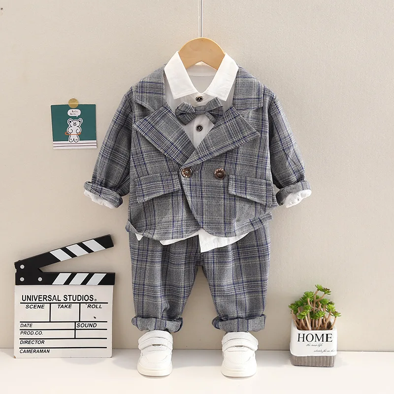 

Autumn 0-5-year-old baby lattice long sleeve gentleman suit boys' fashion bow tie suit coat three piece banquet host formal dres