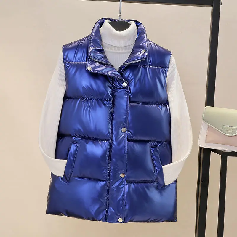 Fashion Glossy Down Vest For Women Casual Turn Down Collar Thick Waistcoat Korean Fashion Plus Size Pocket Sleeveless Jacket
