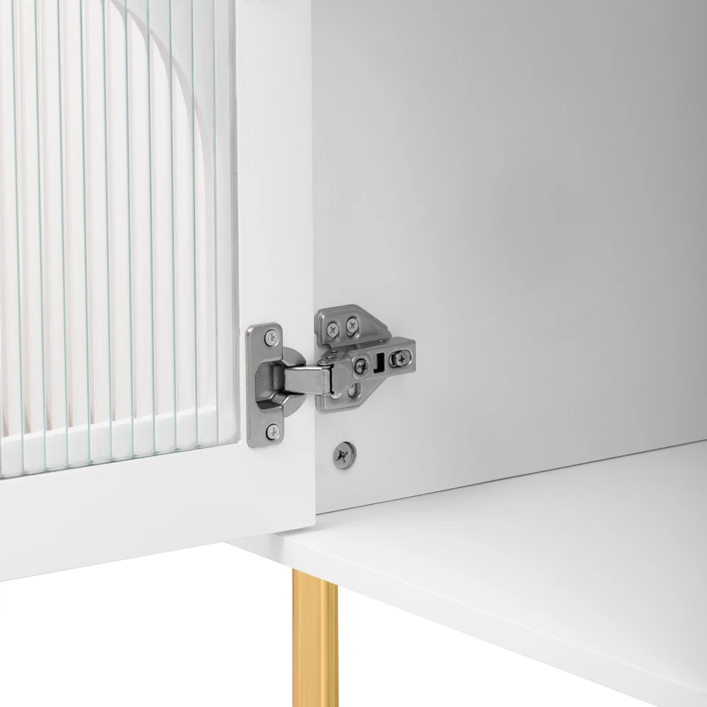 Moderner TV-Schrank mit niedrigem Brett und Glastüren | Praktischer Aufbewahrungsorganisator mit goldenen Griffen und Beinen | Elegante Wohnmöbel – Detail 10