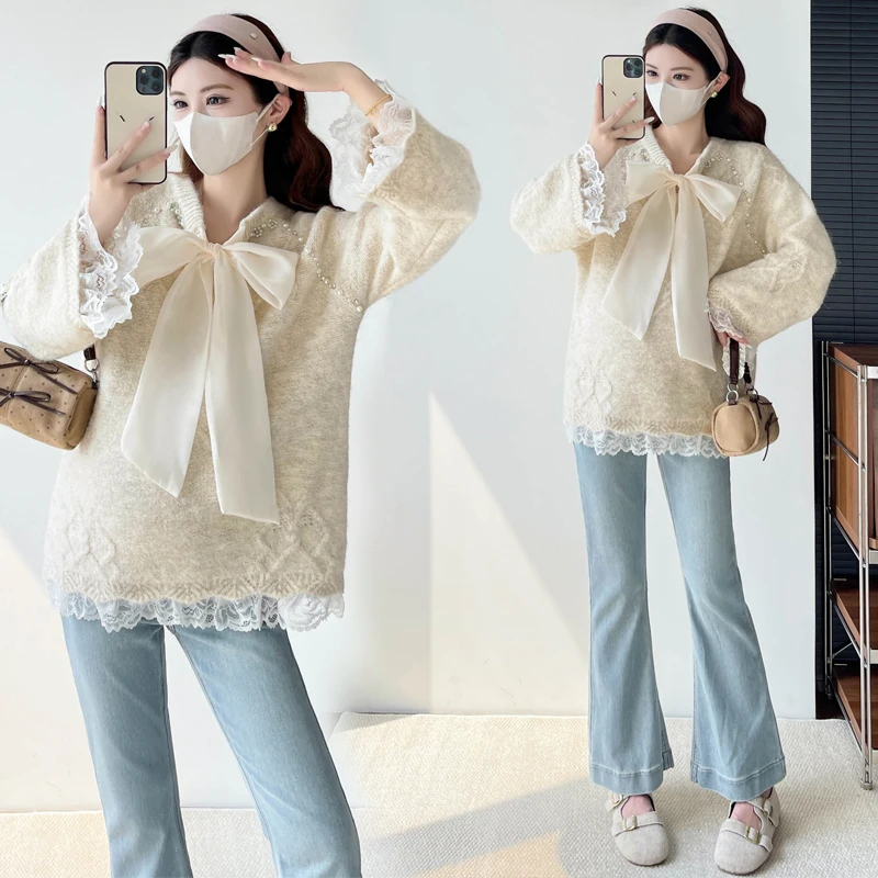 G82412 임산부 탑스 브이넥 리본 레이스 패치워크 탑스 여성용 신상품 엄마 임산부 탑스