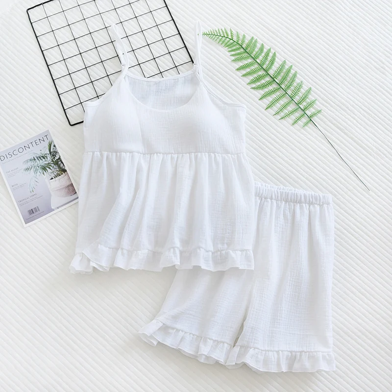 Women Casual Loose Pajamas Sexy Suspender Tops With Chest Pad Shorts Thin Home Clothing Set Summer New Solid Female Sleepwear