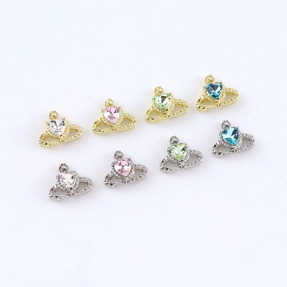 10Pcs/lot 3D Alloy Planet Nail Art Charms Colorful Gold/Silver Metal Rhinestone 11*9mm Heart Saturn Decorations DIY Nail Parts