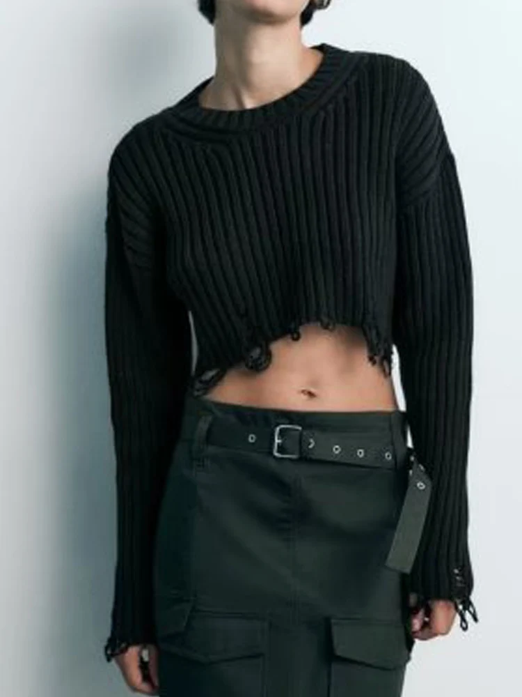 

2023 Women Autumn Short Pullover Sweaters Fashion Hole Knitting O-Neck Female Elegant Street Sweater Clothing