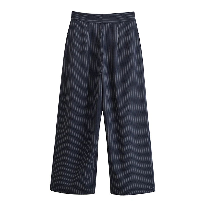 Fashion Stripe Pleated Wide Leg Pants For Women Elegant Pockets High Waist Long Trousers 2025 Autumn Lady High Street Chic Pants