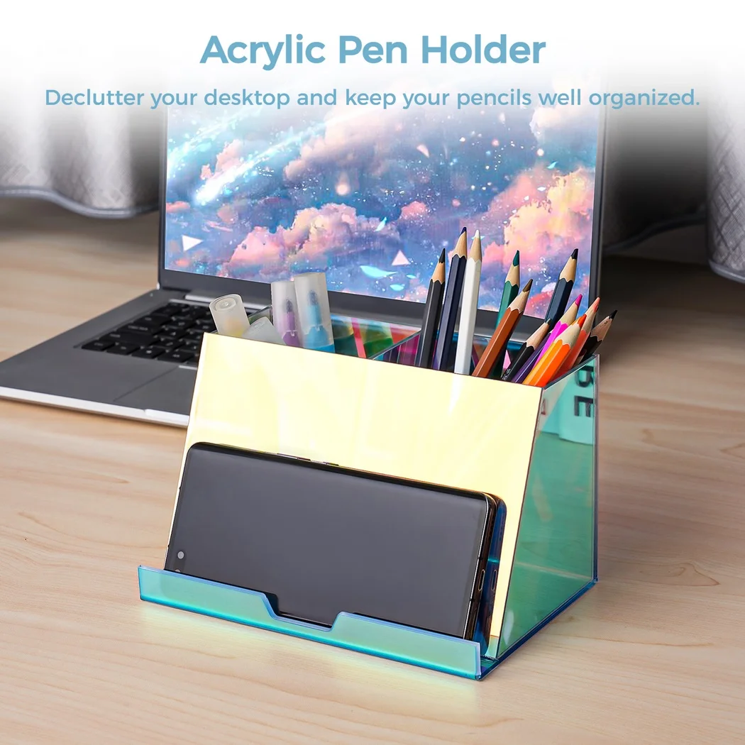 Acrylic Pen Holder Iridescent Desk Organizer Acrylic Storage Organizer Built-in Phone Holder For Pencil Cosmetics Makeup Brushes 3