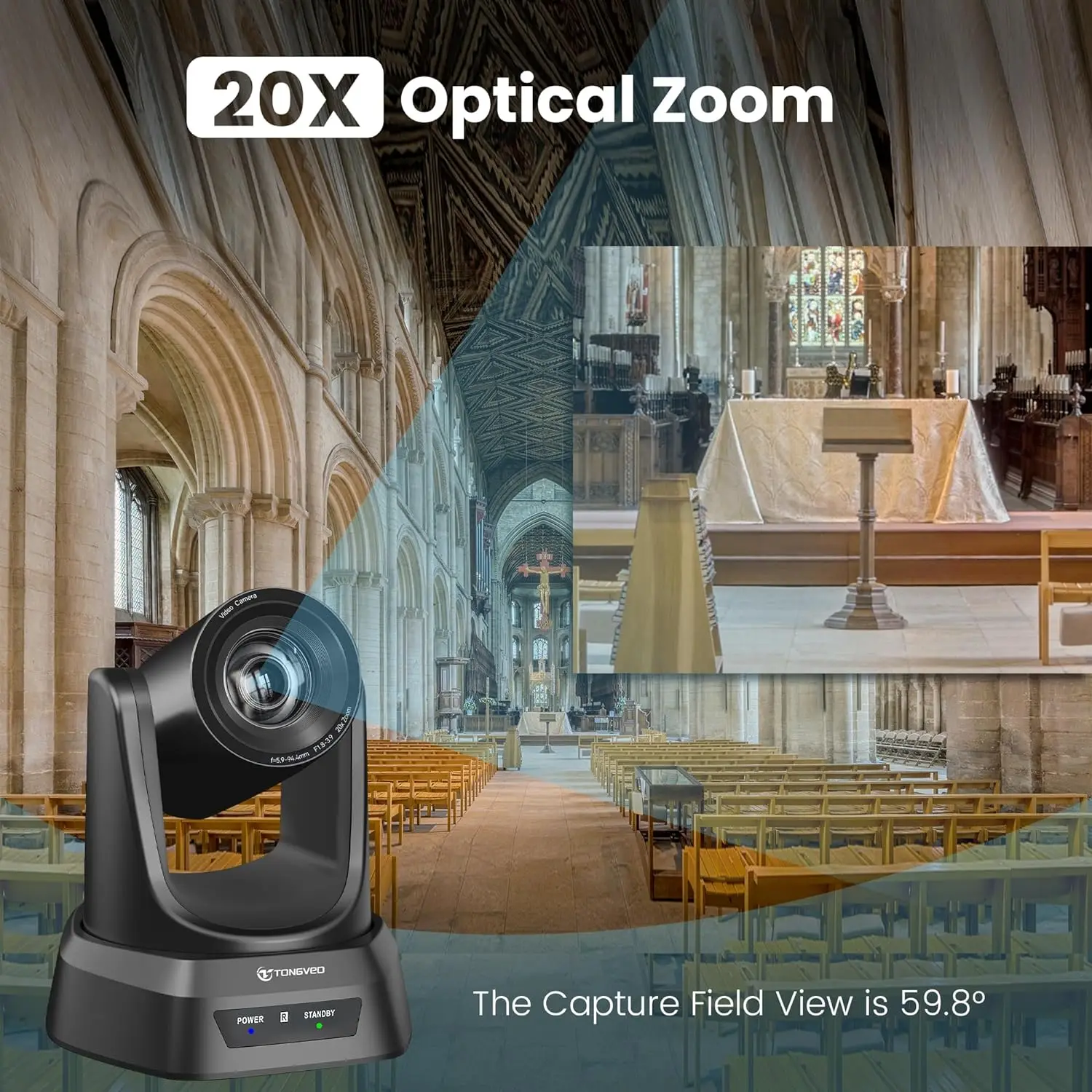 TONGVEO HDMI PTZ Camera 20X Optical Zoom Church Live Streaming USB 1080P 60fps Camera For Worship Services Online Conference