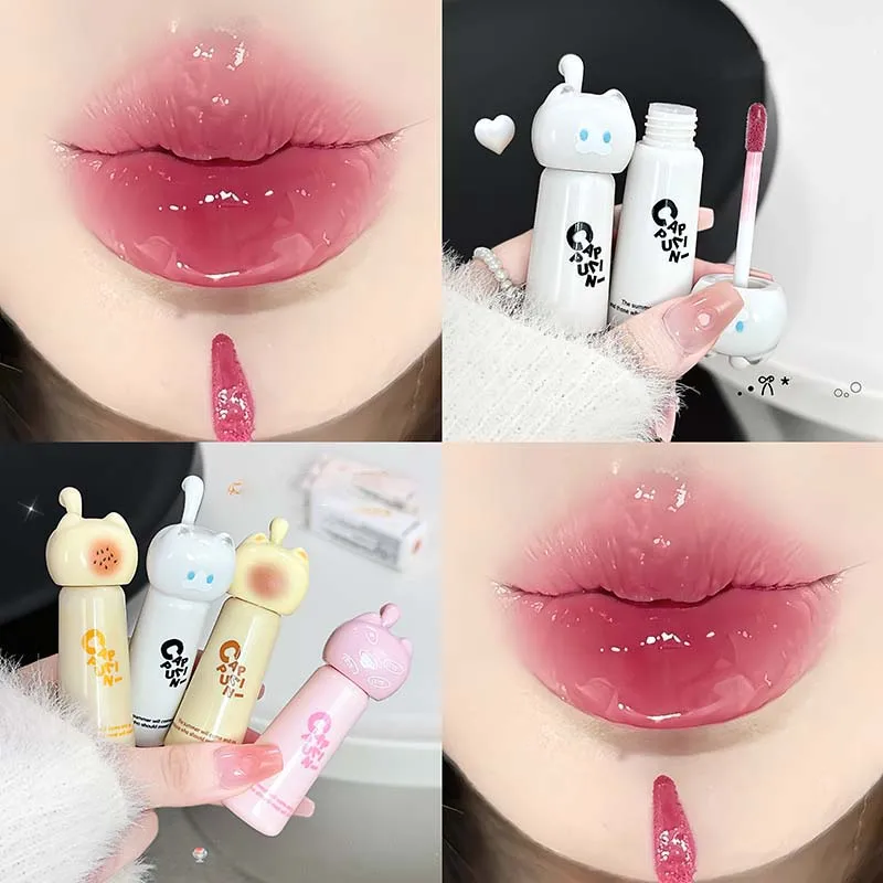 Cute Cat Hydrating Lip Gloss Moisturizer Mirror Water Lip Glaze Grape Lip Tint Makeup Waterproof Red Lips Plumping Non Stick Cup