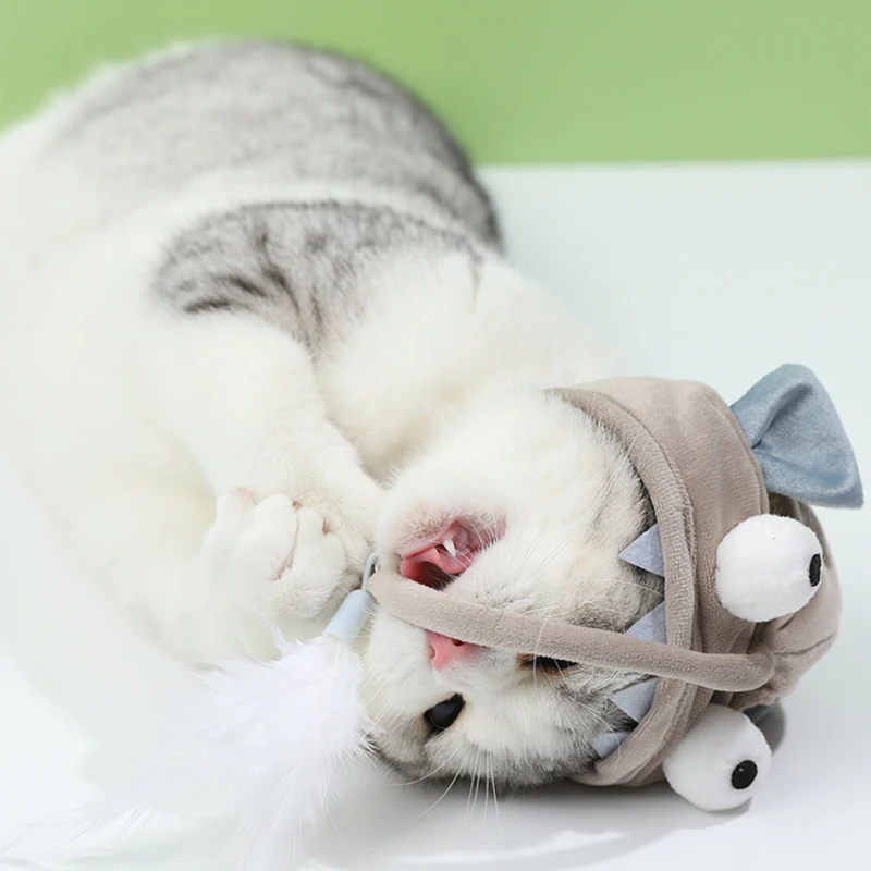 고양이 깃털 머리 티저 스틱, 기발한 작은 공룡 티저 장난감 스틱, 회색 큰 눈 물고기 재미있는 고양이 장난감