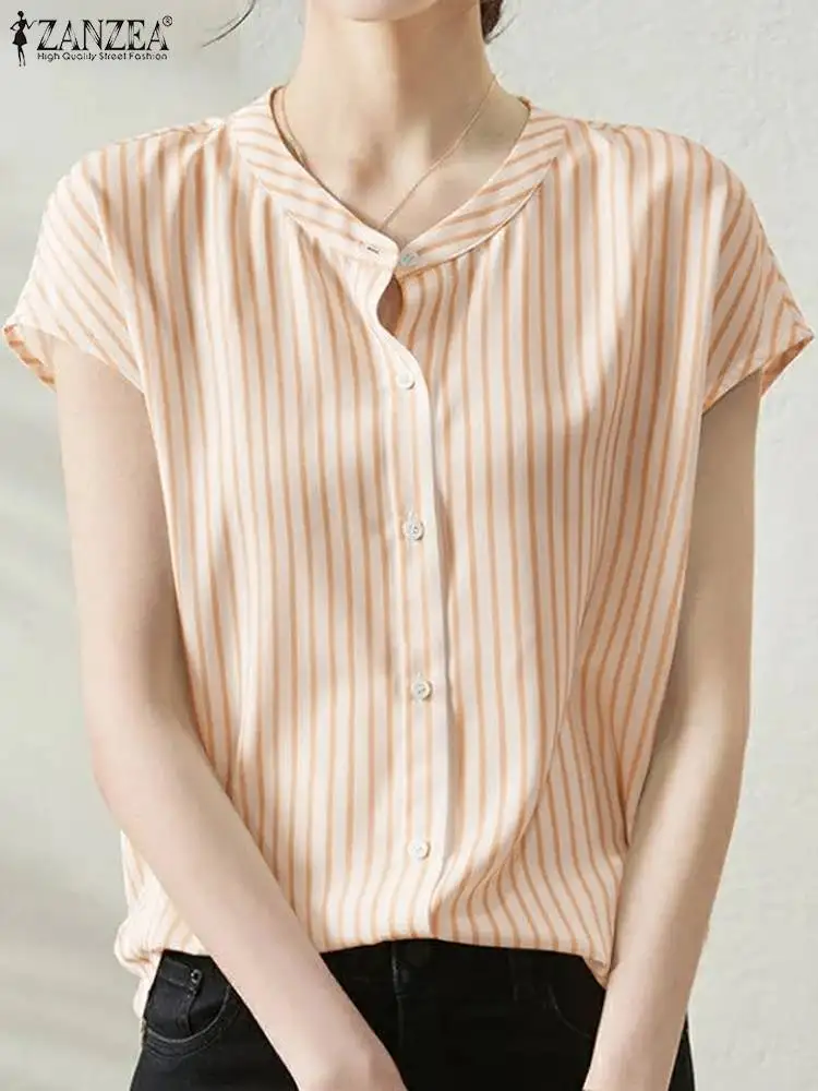 

ZANZEA Summer Women Elegant Casual Work Shirt Tops Fashion Short Sleeve Buttons Down Striped Blouse Female Party Blusas Chemise