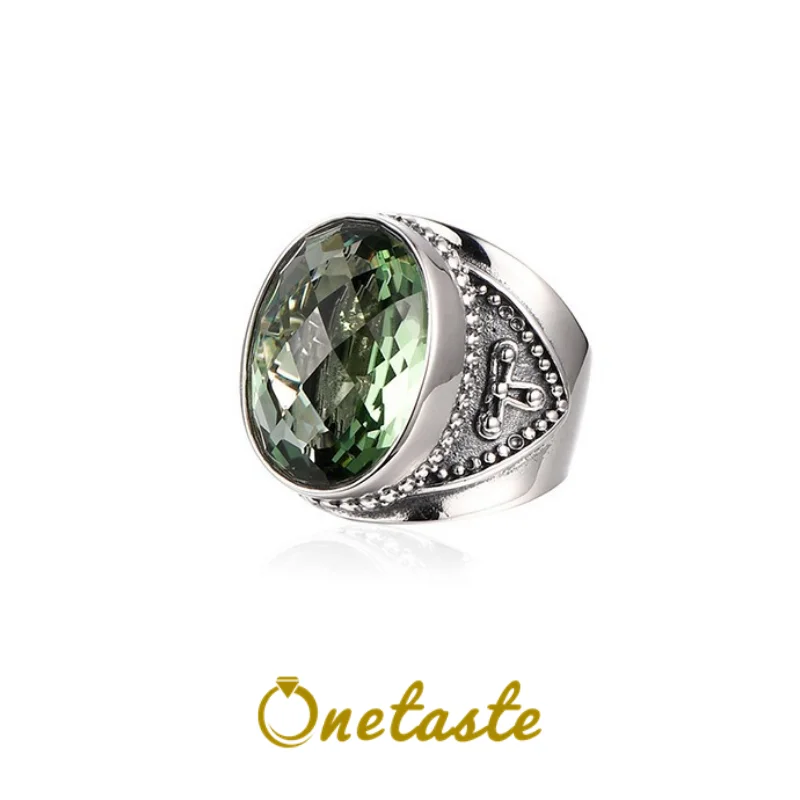 

Nepal Style 925 Silver Inlaid Zircon Ring For Women Vintage Antique Carved Green Stone Wide Open Ring Exaggerated Jewelry