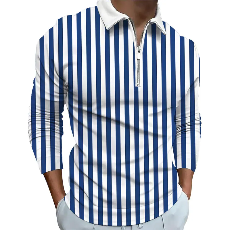 

Рубашка-поло мужская с длинным рукавом, Повседневная футболка с 3D-принтом в полоску, топ оверсайз, одежда на весну и осень