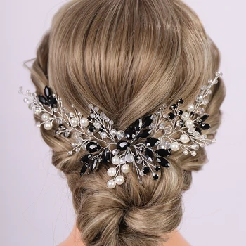 Trendy Women Rhinestone Headband Pearl Crystal Black Red Bridal Hairband Wedding Hair Accessories Silver Blue Bride Headpiece