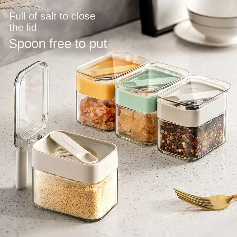 Glass Seasoning Box With Spoon Dustproof Lid Clear Countertop Spice Condiment Salt Sugar Storage Jar Container Kitchen Supplies 4