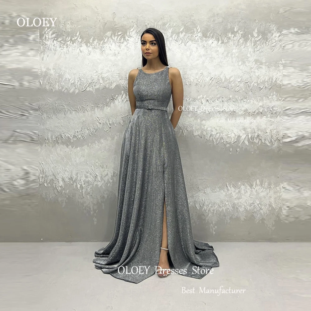 

OLOEY Sparkly Grey Sequin A Line Prom Evening Dresses Glitter Scoop Neck Split Belt Women Long Formal Gowns Plus Size