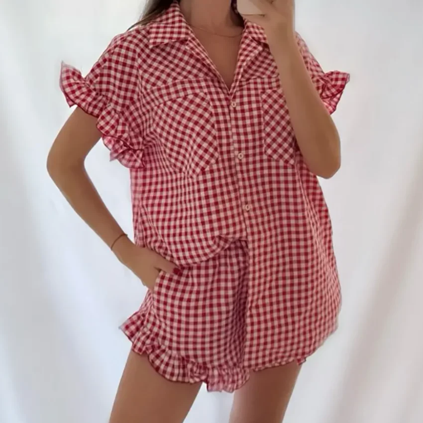 Linad Office Single-Breasted Shirts Elegant Plaid High Waist Shorts With Button Up Shirts 2 Piece Set Street Chic Outfits Summer