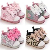0-12M Newborn Baby Girl Boys Shoes Leopard Star Printed Bowknot Walking Soft-Soled First Walker Shoes 1