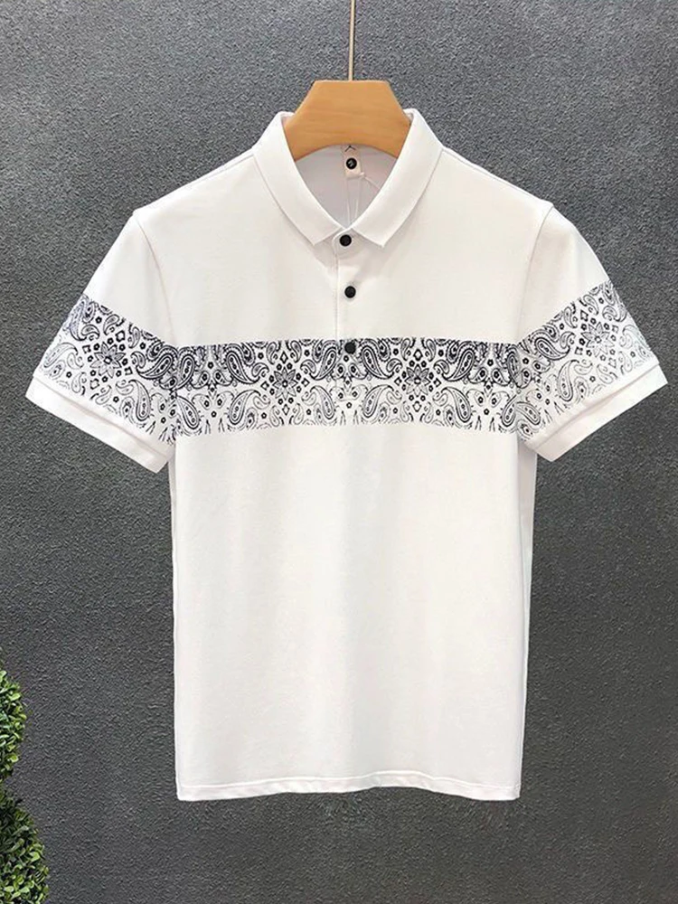 

New Summer Short Sleeve Patchwork Polo Fashion Cashew Print T-shirt for Men Casual Korean Style Men's Turn-down Collar Shirt