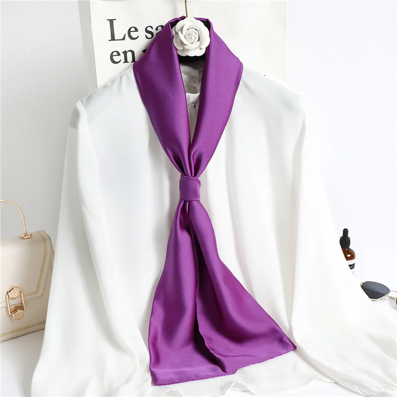 S0cc68427a752403bb07de145b935e328O Solid Color Neckerchief Long Hair Scarves Female Silk Satin Neck Scarf For Women 14x145CM Fashion Headbands Plain Bag Scarf Mallzona