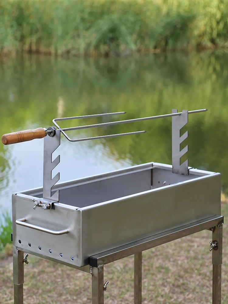 Stainl Steel BBQ Ra for Roasting Lamb Leg And Chop Profional Cam Outdoor Cooking Tool with Wooden Handle ill Stand