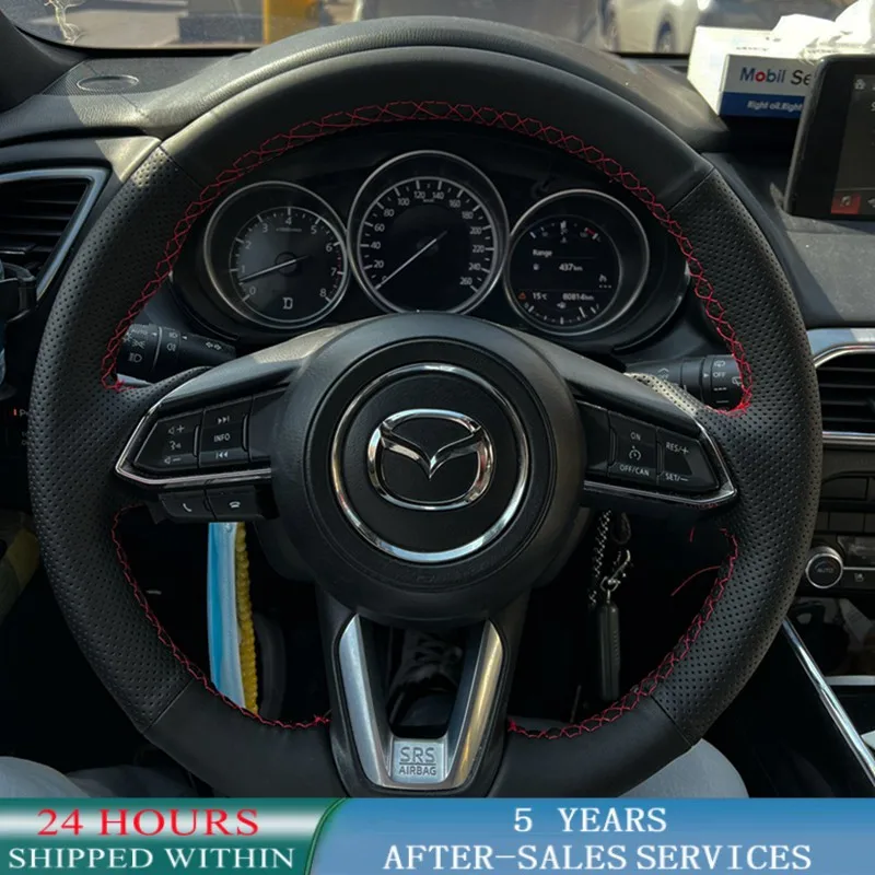 Customized Braid Car Steering Wheel Cover Cowhide Leather For Mazda 3