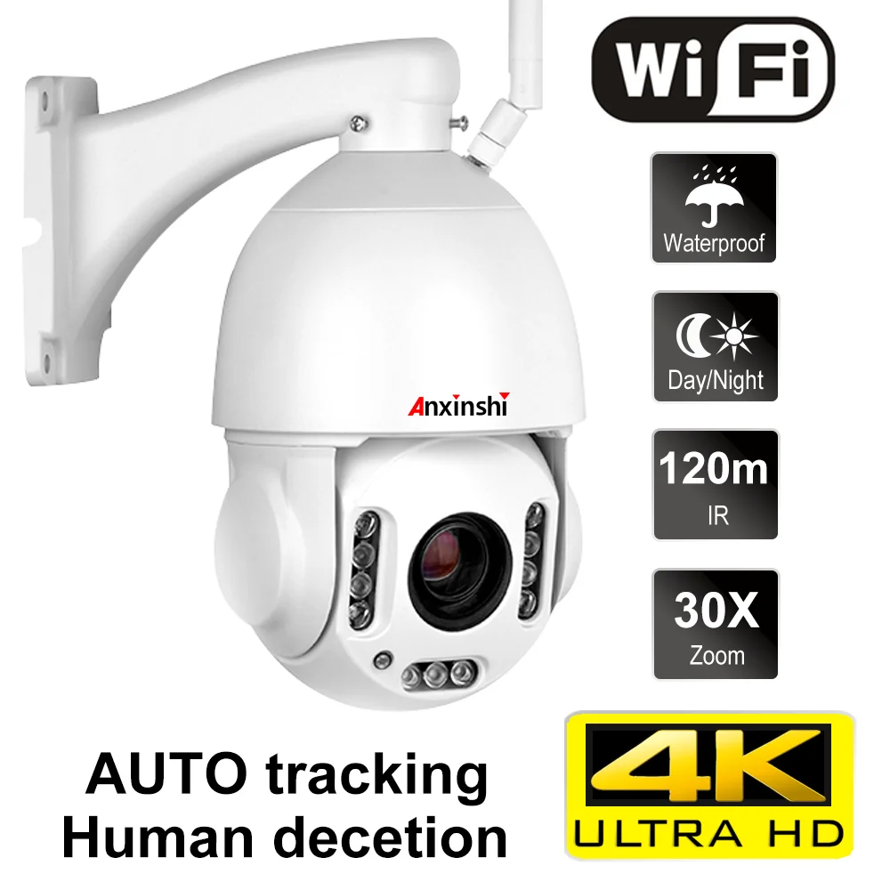 8MP 4K PTZ IP Camera Wifi 30X Optical Zoom Outdoor Human/Vehicle AI  Tracking POE Onvif CCTV Audio Speed Dome Surveillance