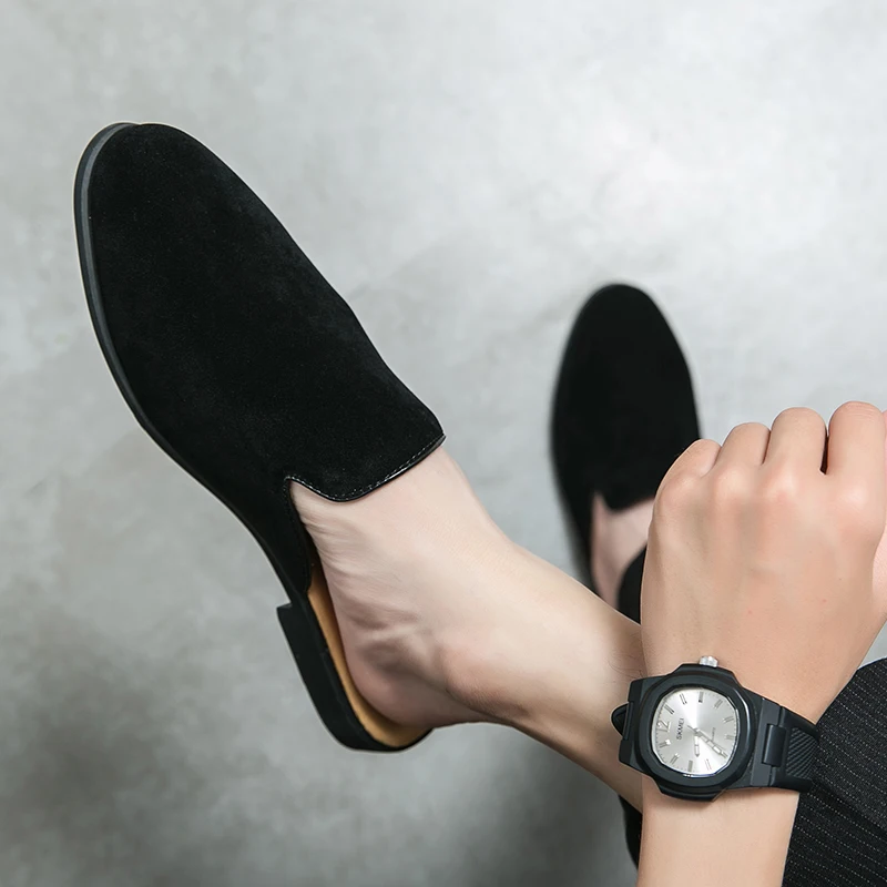Half Shoes For Men Mules 2022 Suede Leather Italian Slip On Flat Summer Mens Casual Shoes Breathable Loafers Slippers Man Slides 5