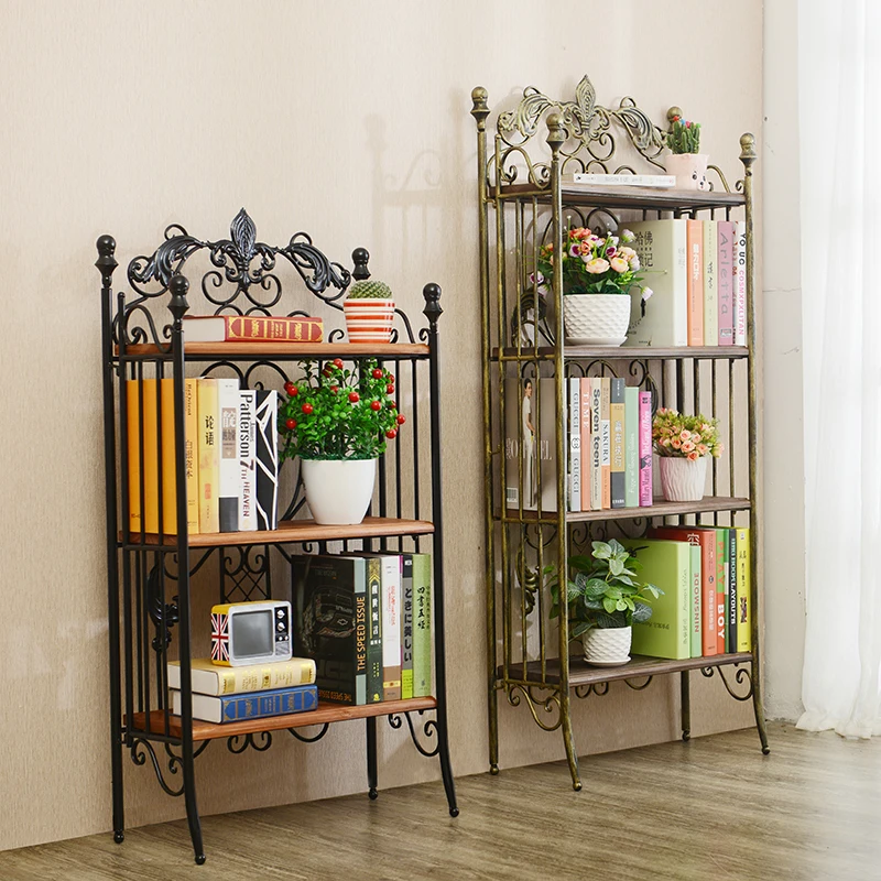 

New American Vintage Iron Storage Shelf Antique Large Capacity Floor Standing Storage Rack Solid Wood Organzier Home Furniture