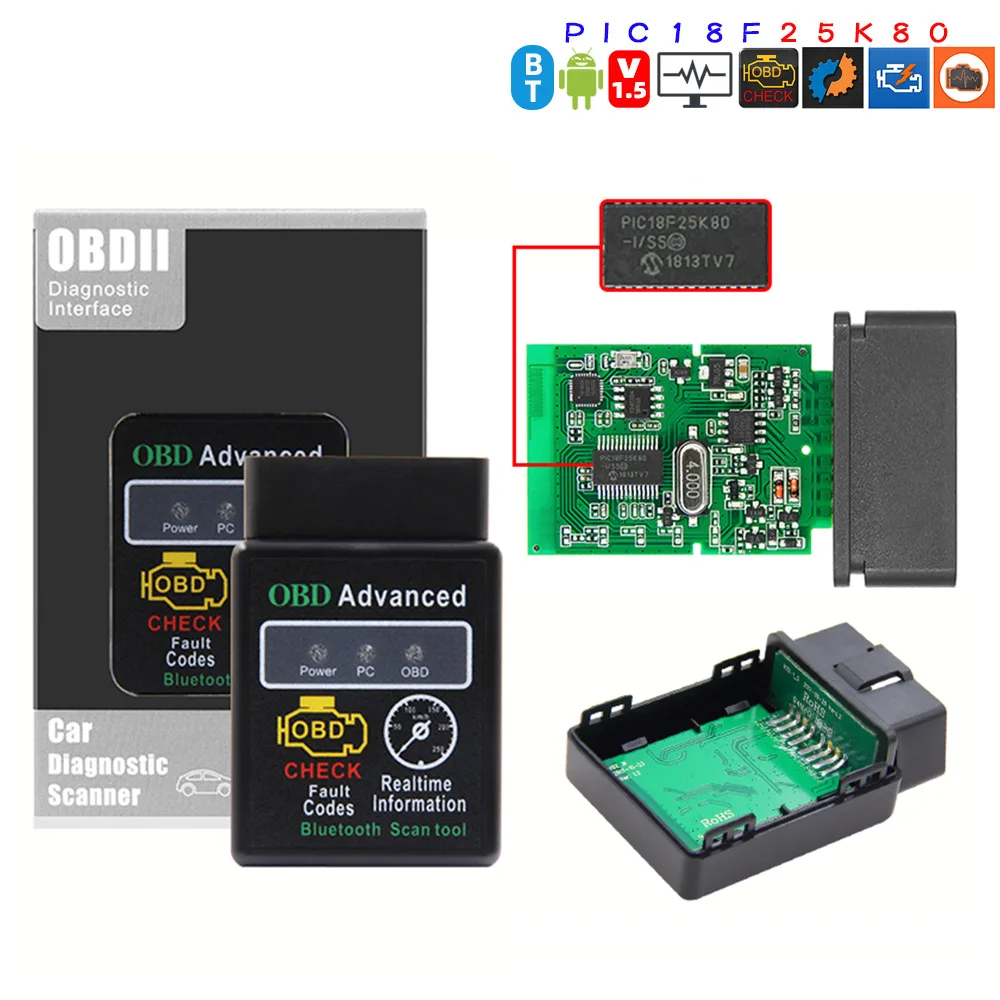 Diagnostica Per Auto Bluetooth Hh Obd Adapter Mini Advanced 327 V1.5 Elm Con Chip 25 K80 Auto Can Wireless Scanner Elettrodomestico