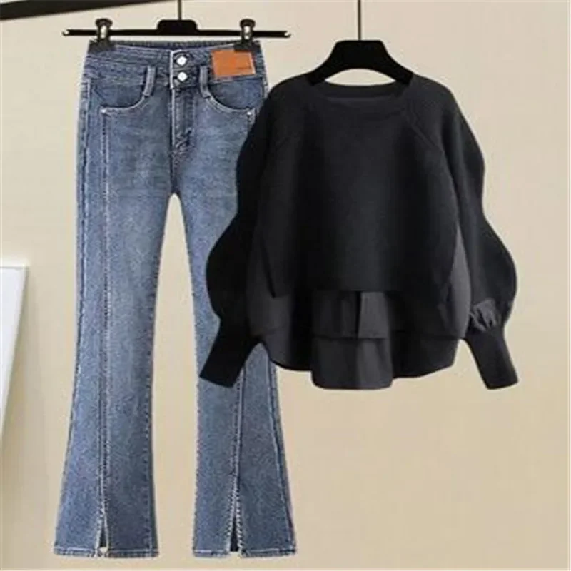 Large Spring and Autumn Women's Suit 2024 New Korean Fashion Fake Two-piece Shirt Top Slim Casual Jeans Two-piece Set