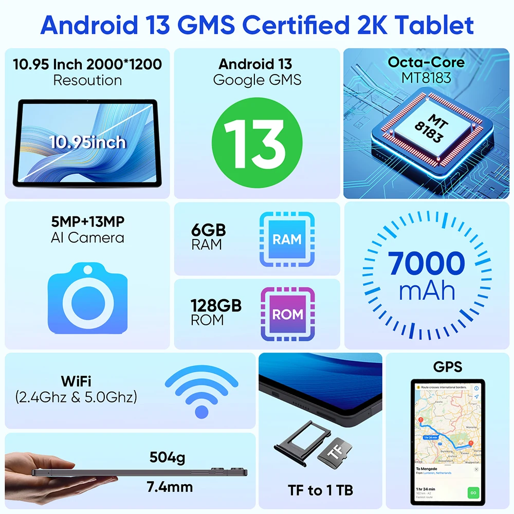 weelikeit Android 13 Tablet MTK 8183 8-core 11" 2K FHD Incell Display 6GB RAM 128GB ROM Type-C 7000mAh WiFi GPS 2024 Tablets Kid 2
